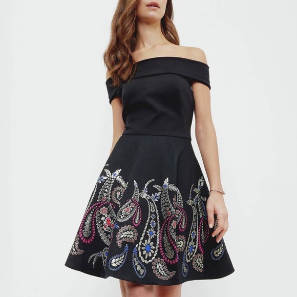 Ted Baker Treasured Trinket Black Bardot Dress - Picture 3 of 10